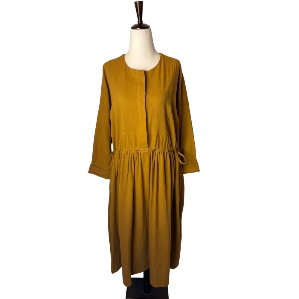 Amente Waist Tie Long Sleeve Midi‎ Dress Women Small Cashew Mustard Cotton Boho